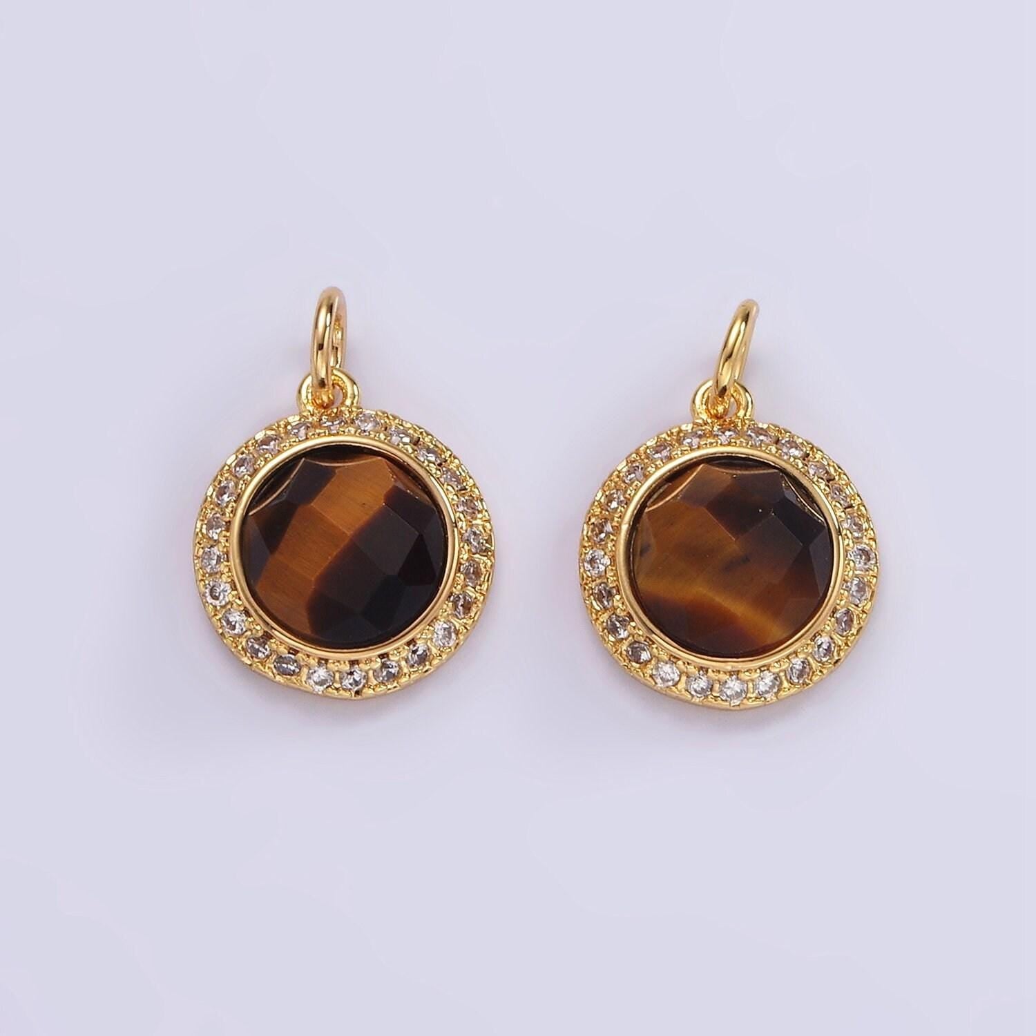 14k gold filled 12mm natural gemstone multifaceted micro paved cz round charm | ag462 - ag470