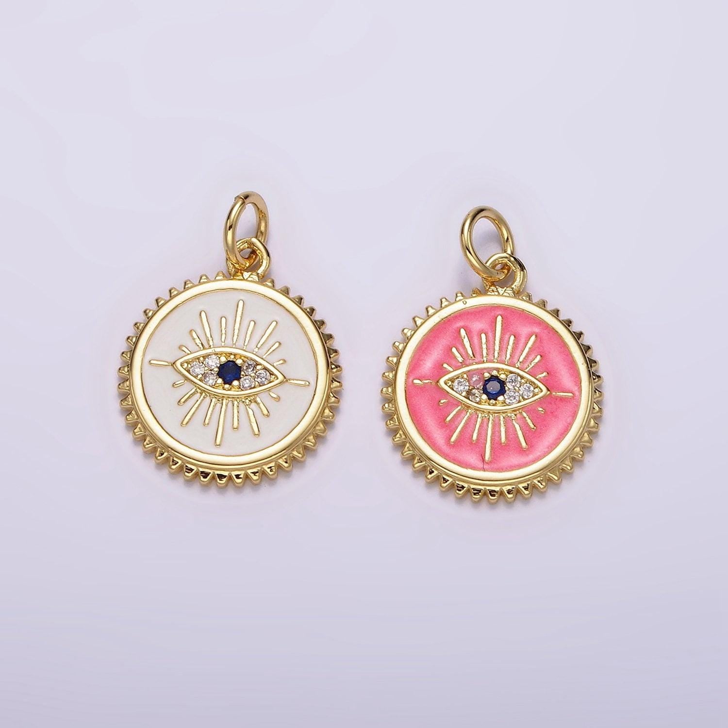 14k gold filled white, pink evil eye blue cz spiked outline round charm | ag414 ag415