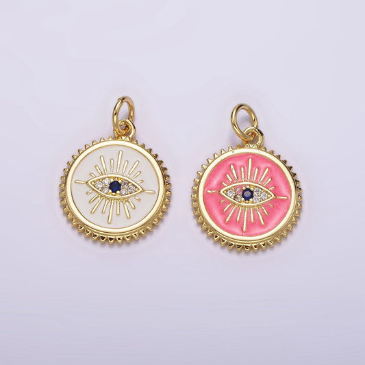 14k gold filled white, pink evil eye blue cz spiked outline round charm | ag414 ag415