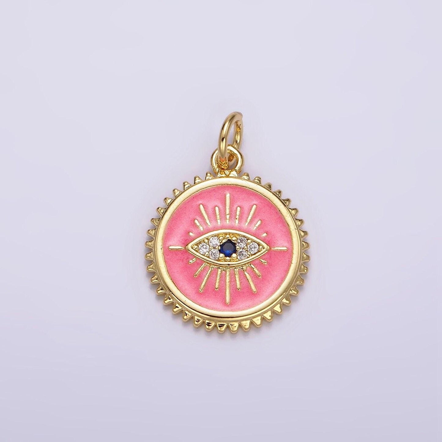 14k gold filled white, pink evil eye blue cz spiked outline round charm | ag414 ag415