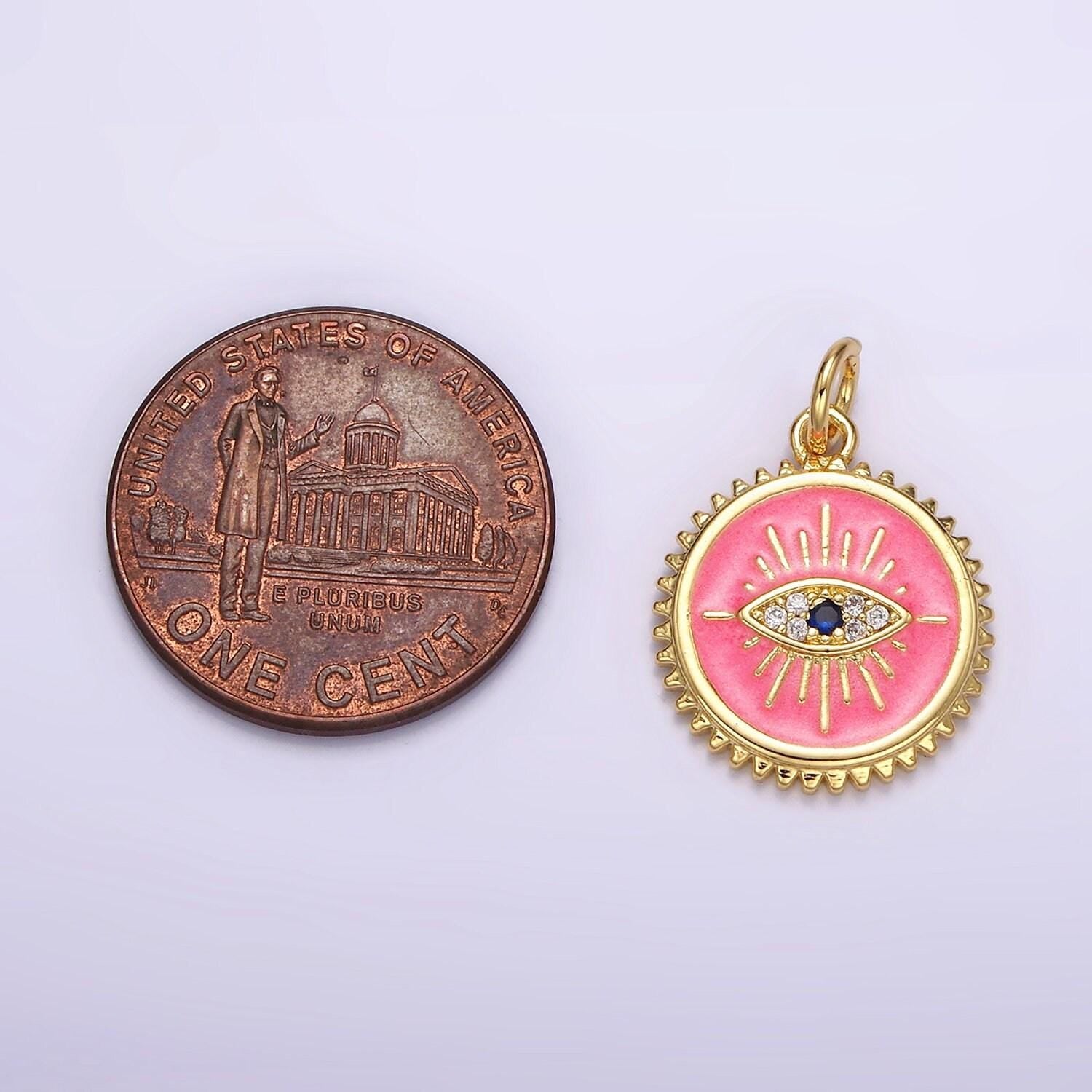 14k gold filled white, pink evil eye blue cz spiked outline round charm | ag414 ag415