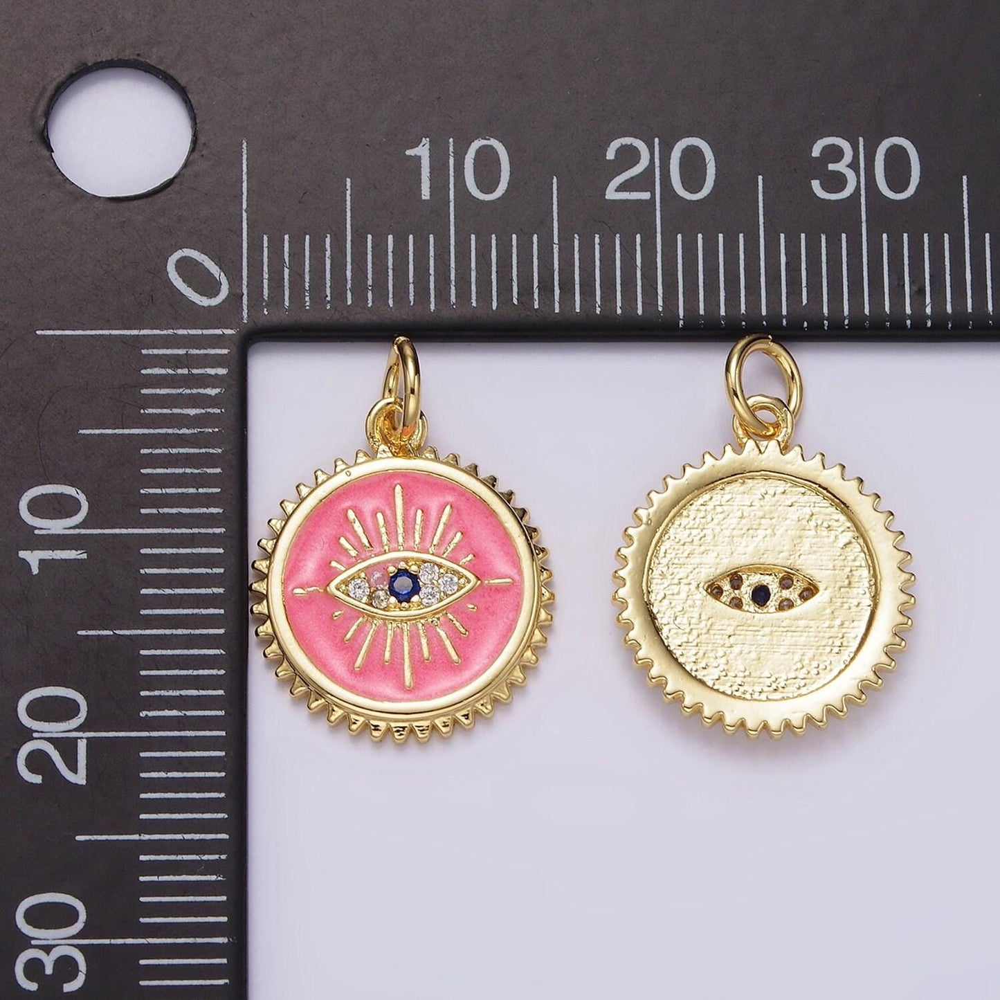 14k gold filled white, pink evil eye blue cz spiked outline round charm | ag414 ag415