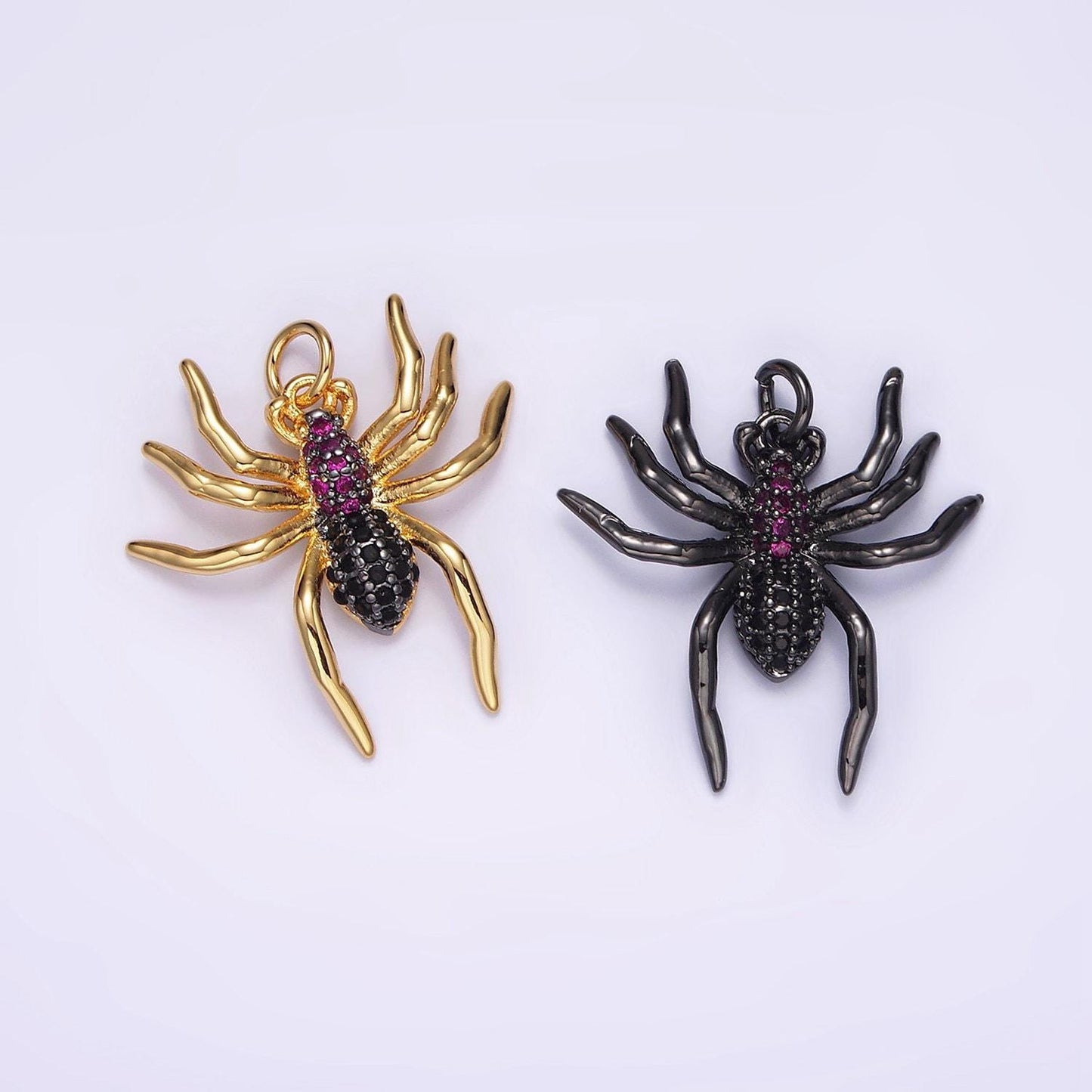 14k gold filled black widow spider insect animal fuchsia micro paved cz charm in black & gold for halloween jewelry inspired | ag383 ag384