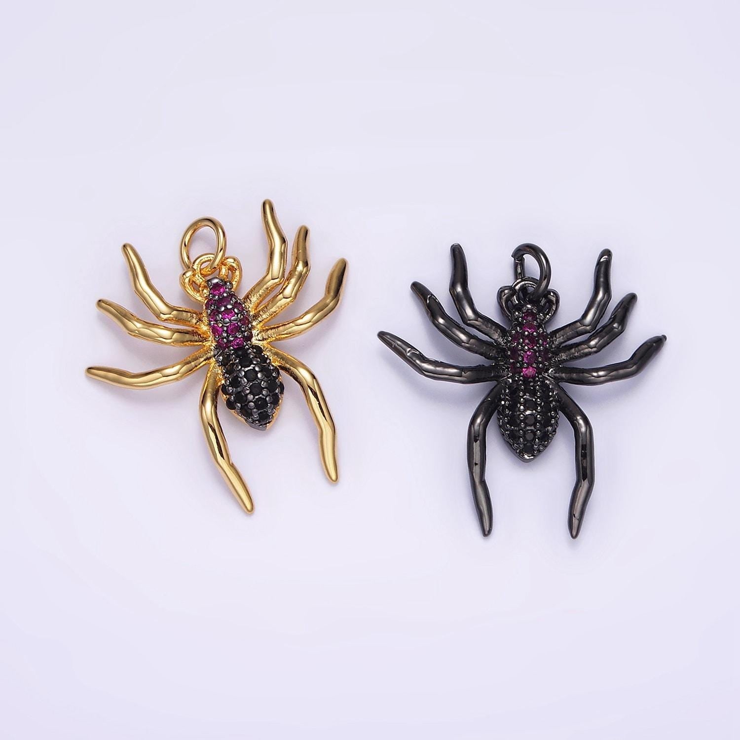 14k gold filled black widow spider insect animal fuchsia micro paved cz charm in black & gold for halloween jewelry inspired | ag383 ag384