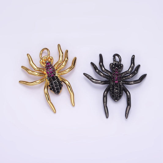 14k gold filled black widow spider insect animal fuchsia micro paved cz charm in black & gold for halloween jewelry inspired | ag383 ag384