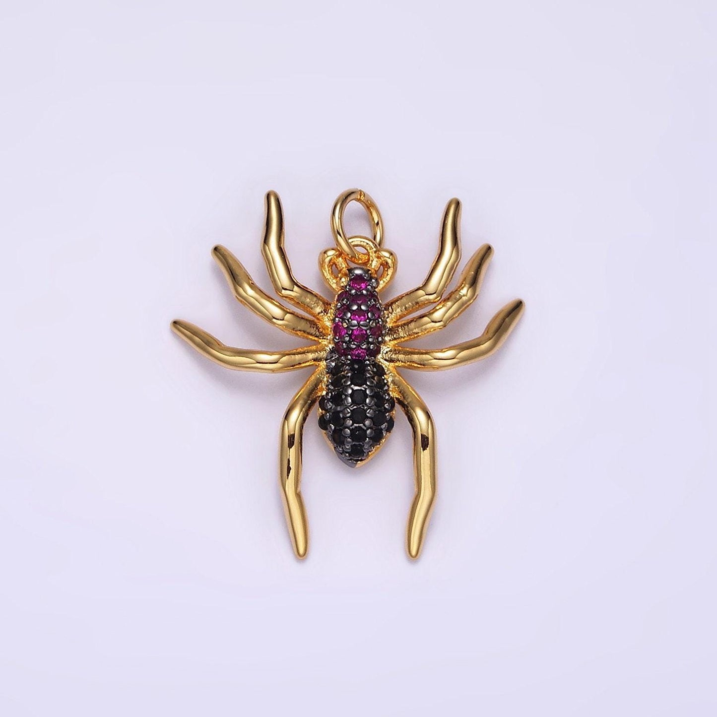 14k gold filled black widow spider insect animal fuchsia micro paved cz charm in black & gold for halloween jewelry inspired | ag383 ag384