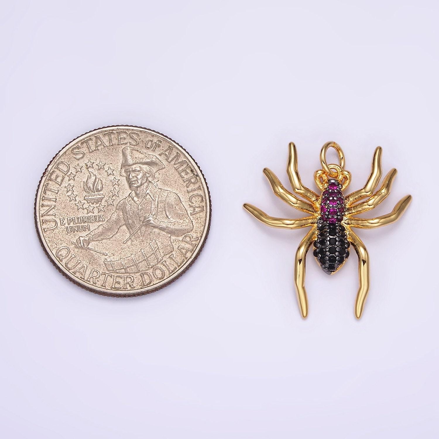 14k gold filled black widow spider insect animal fuchsia micro paved cz charm in black & gold for halloween jewelry inspired | ag383 ag384