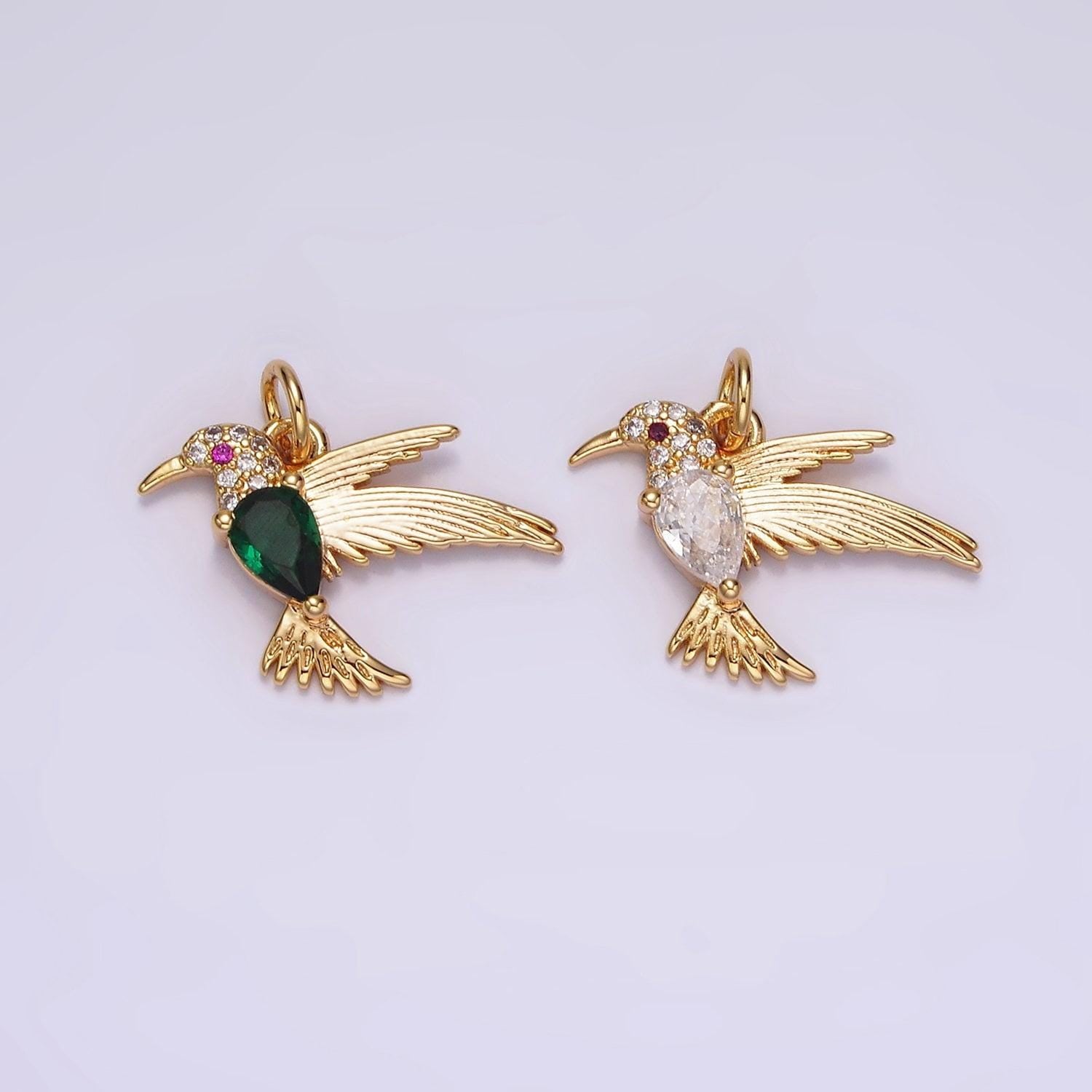 14k gold filled fuchsia-eyed clear, green teardrop micro paved cz bird charm | ag357 ag358