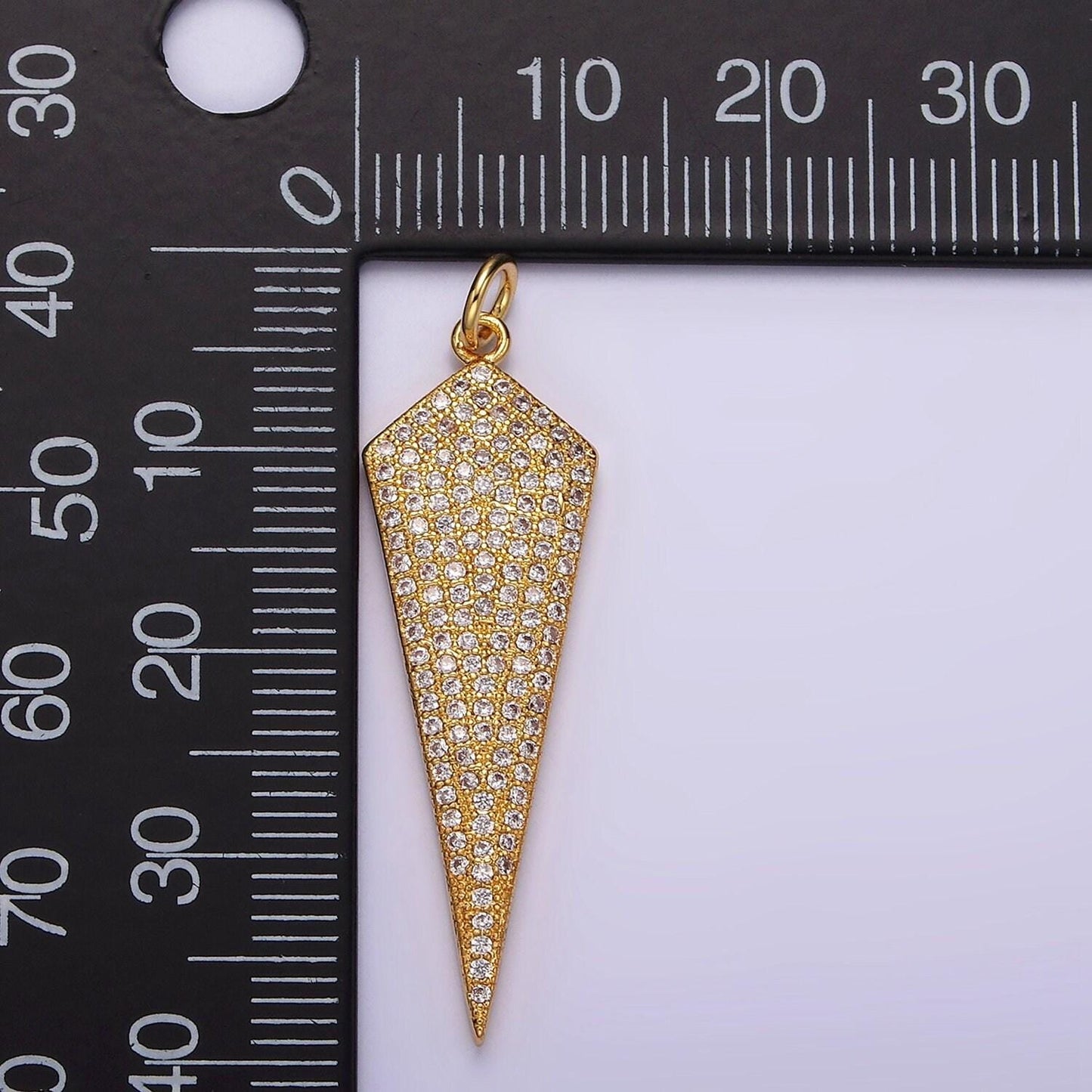 14k gold filled 35mm micro paved cz shield arrow tip charm long spear geometric jewelry inspired | ag354