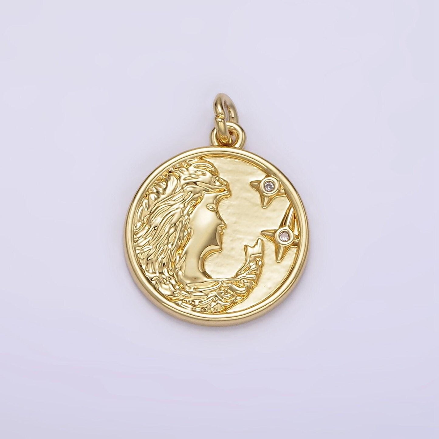 14k gold filled women portrait cameo double cz celestial star round charm | ag315