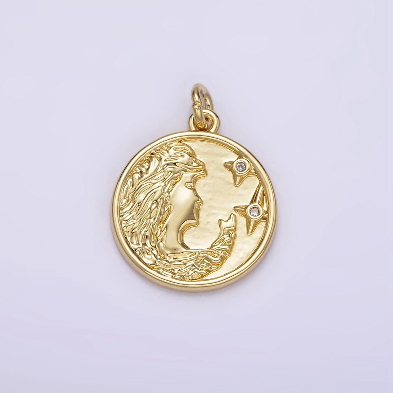 14k gold filled women portrait cameo double cz celestial star round charm | ag315