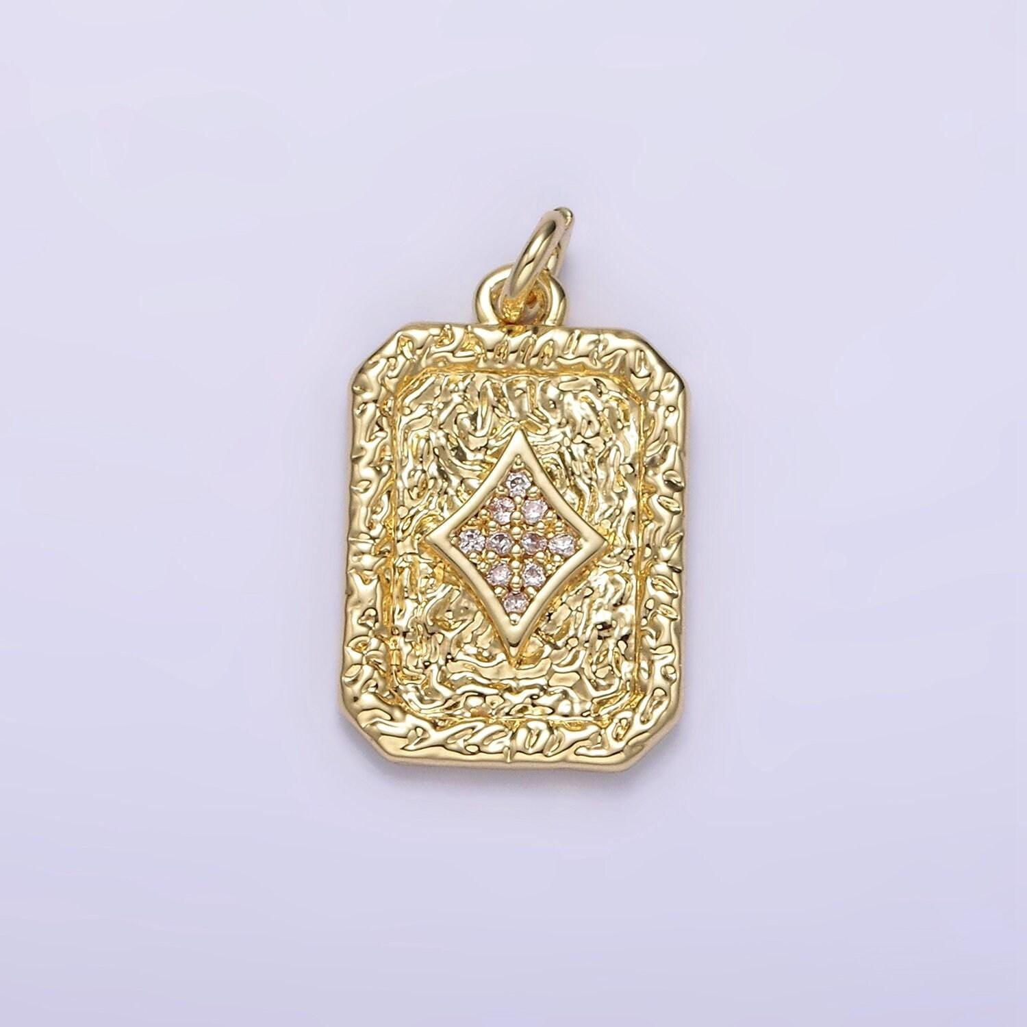14k gold filled diamond card micro paved cz rustic rectangular tag charm pendant | ag267