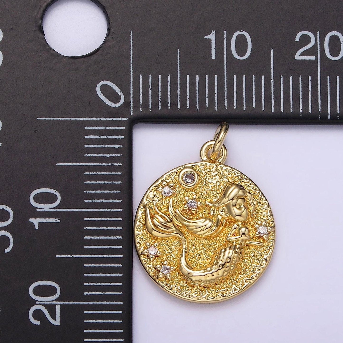 14k gold filled round medallion mermaid under the sea cz rustic round charm | ag266