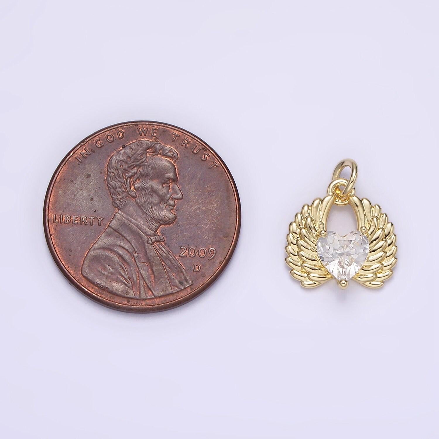 14k gold filled clear cz heart angel wings charm | ag228