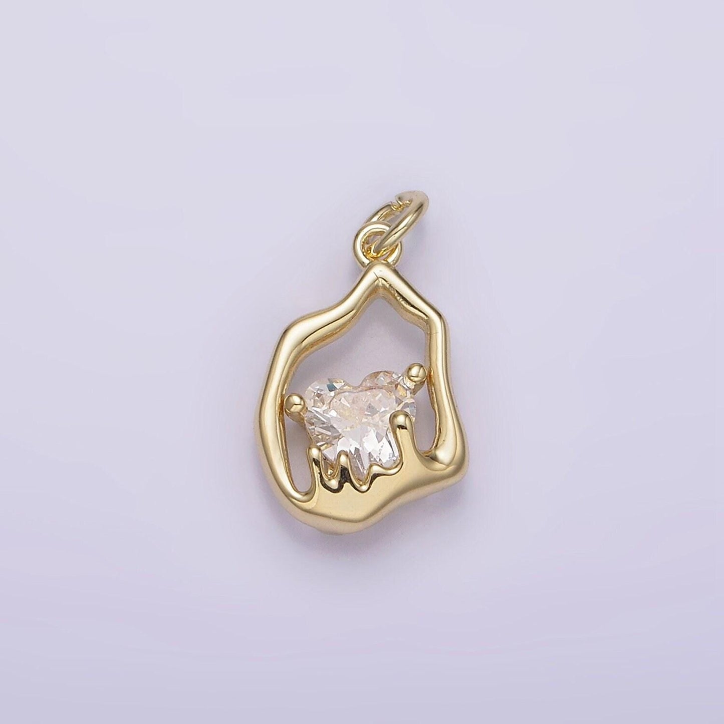 14k gold filled frame clear heart cz melt molten drip abstract oval charm | ag222