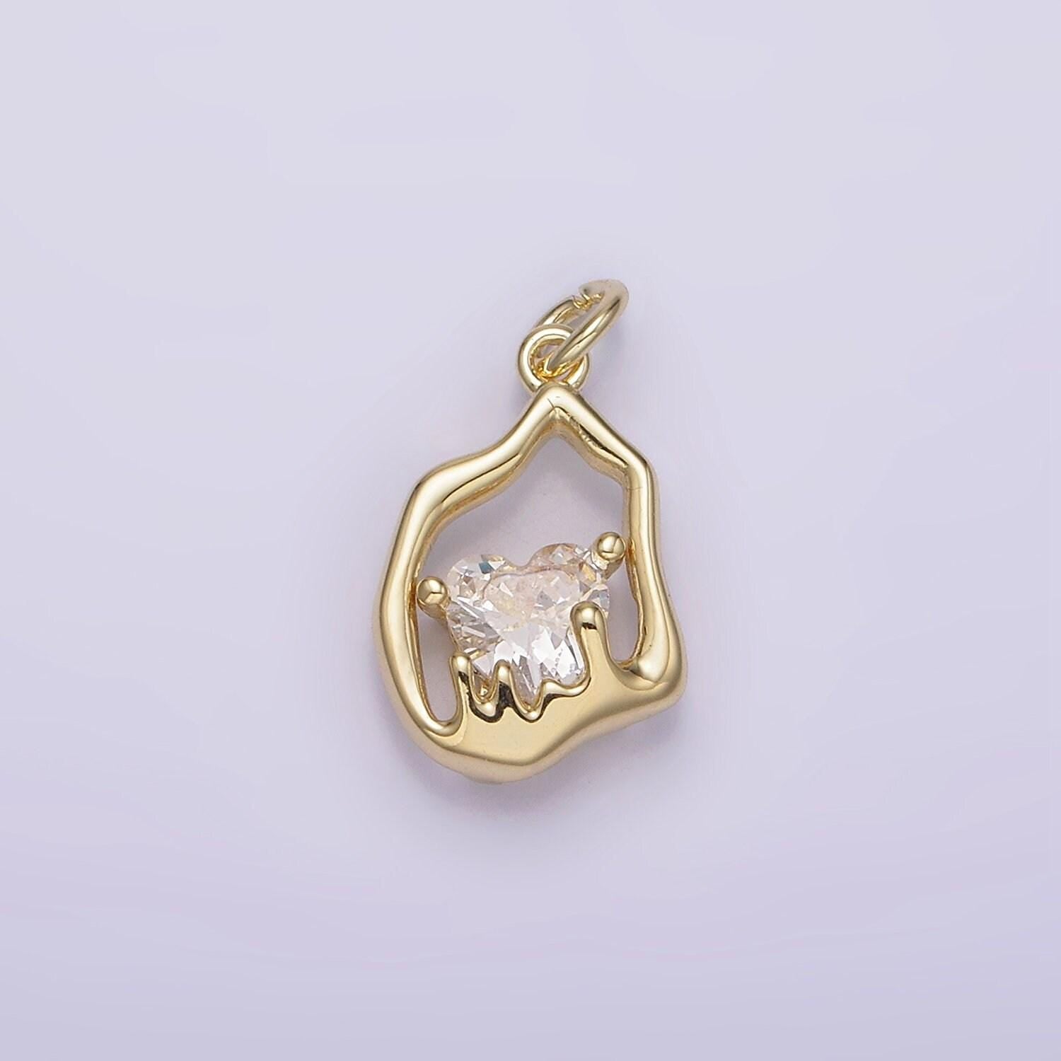 14k gold filled frame clear heart cz melt molten drip abstract oval charm | ag222