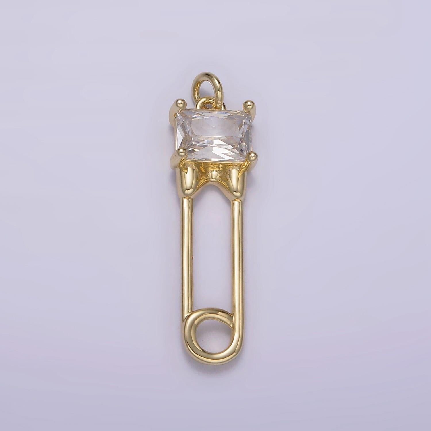 14k gold filled clear baguette cz safety baby pin charm | ag220