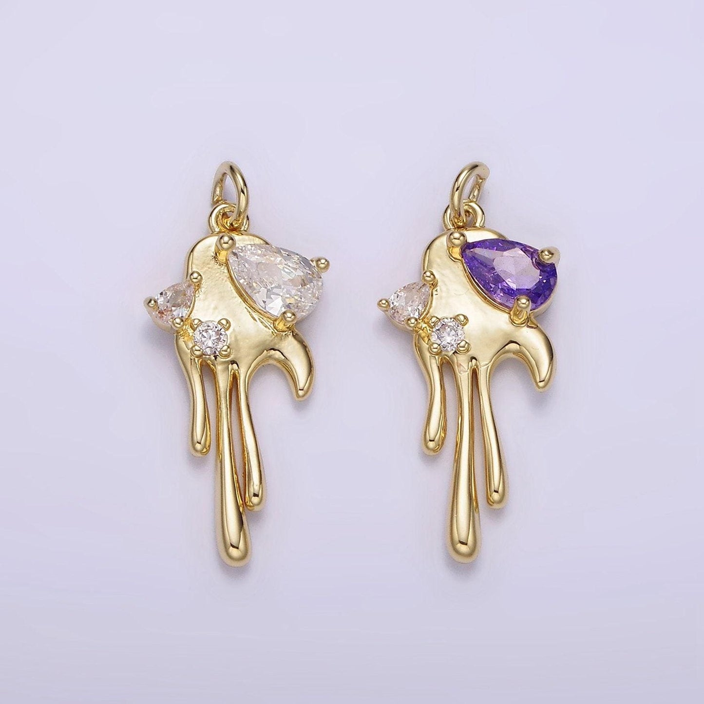 Dainty gold dripping melting heart with clear purple cz stone ag-204 ag-205