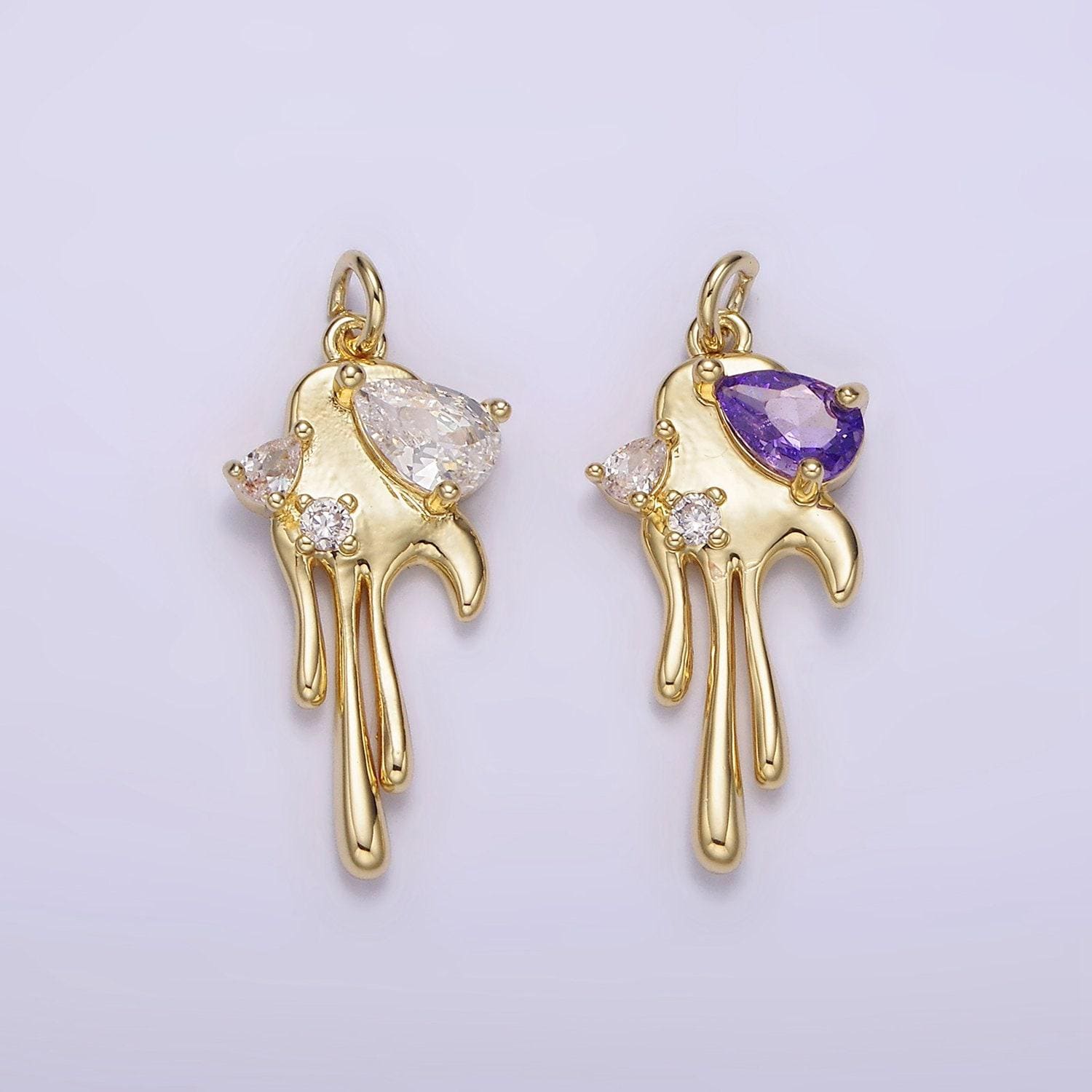 Dainty gold dripping melting heart with clear purple cz stone ag-204 ag-205