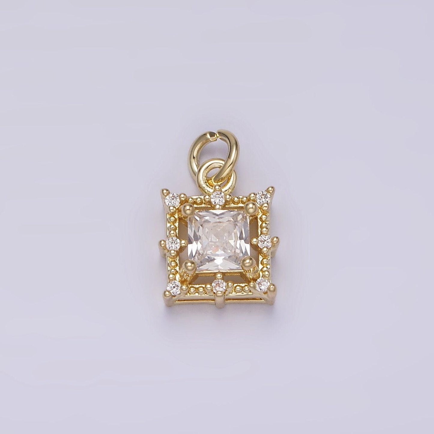 14k gold filled clear square baguette cz beaded outline frame charm | ag194