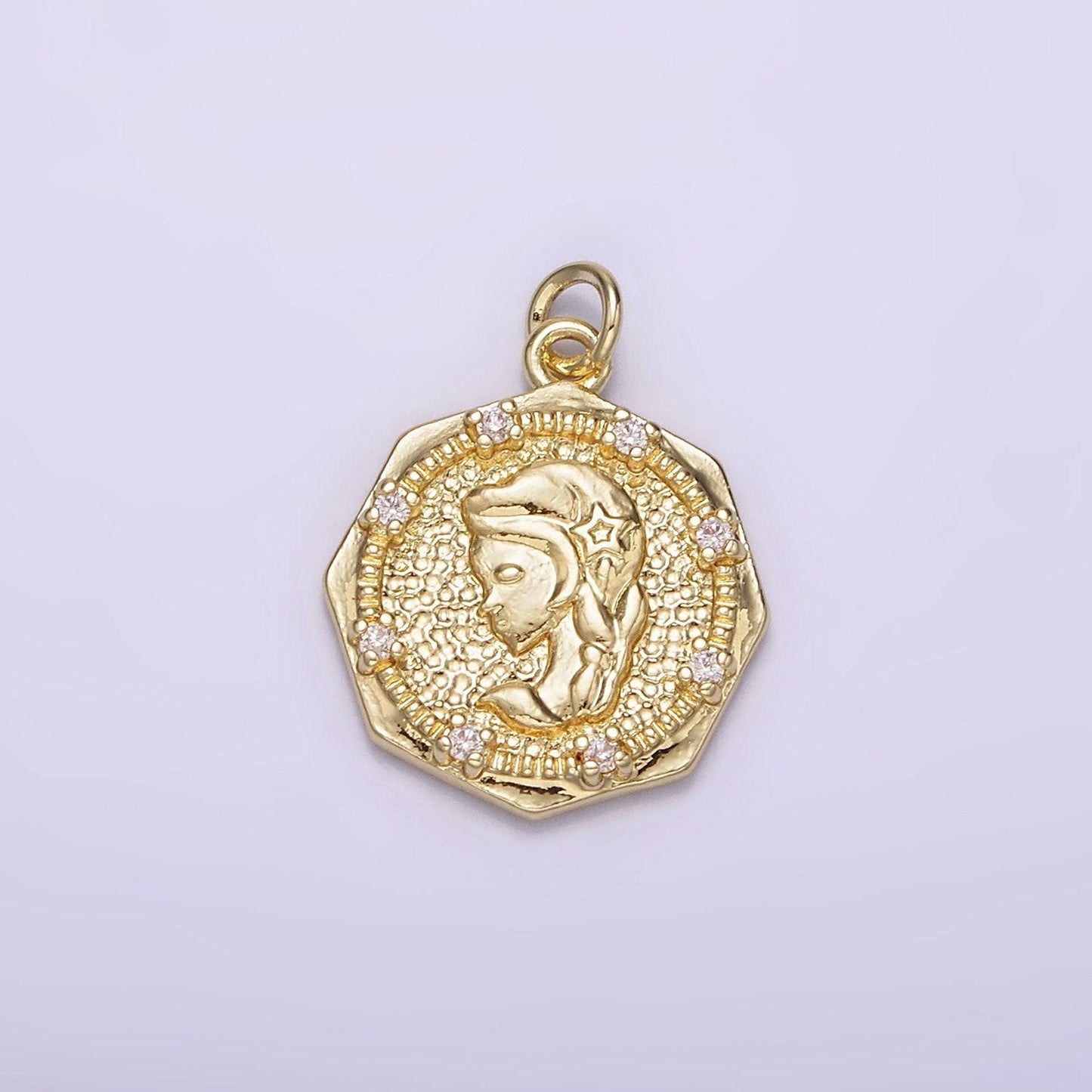 14k gold filled braided girl princess mermaid lady portrait cameo cz hammered octagonal charm | ag184