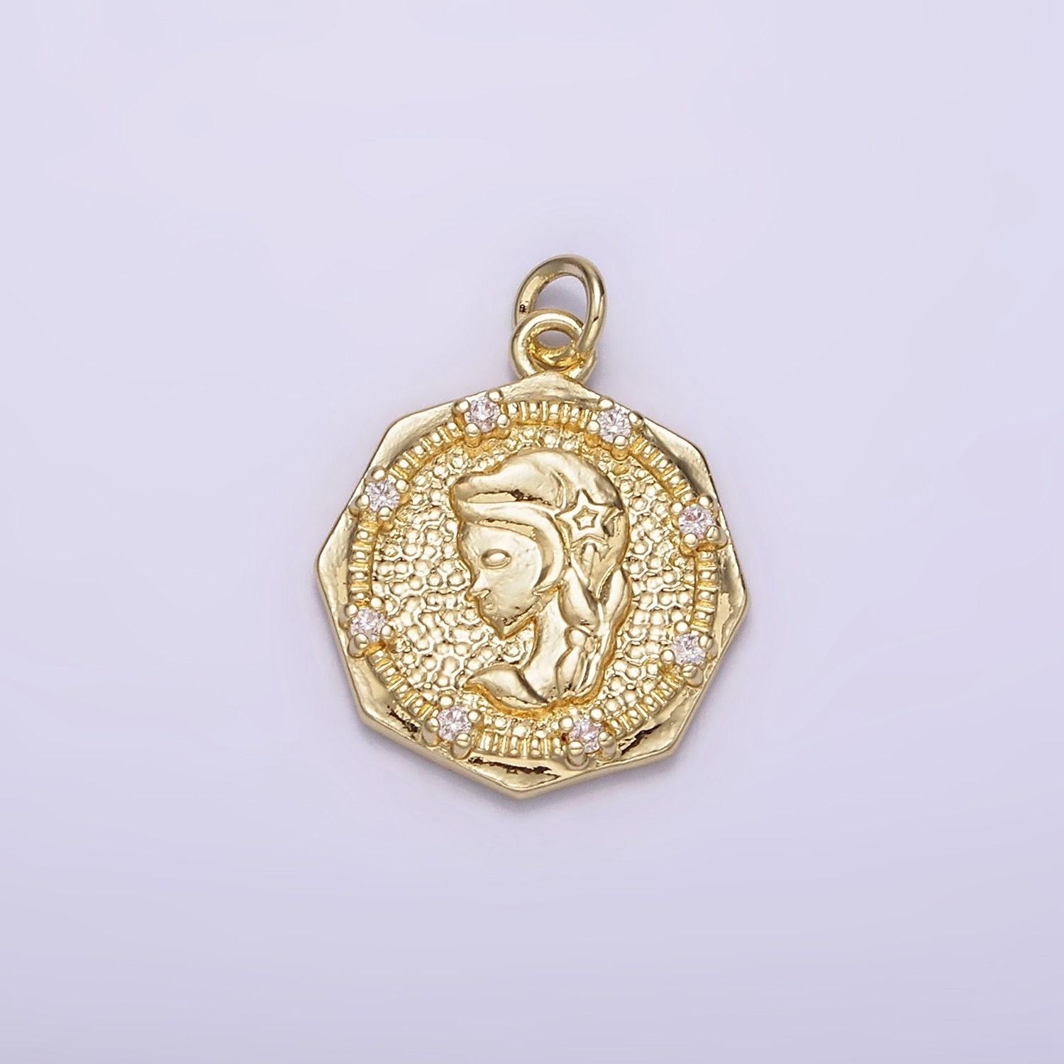 14k gold filled braided girl princess mermaid lady portrait cameo cz hammered octagonal charm | ag184