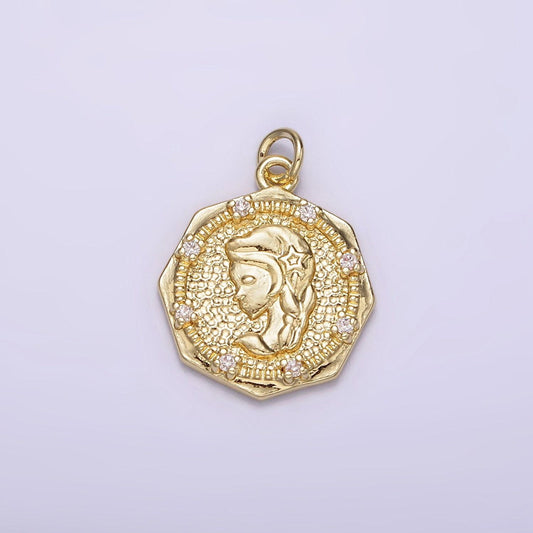 14k gold filled braided girl princess mermaid lady portrait cameo cz hammered octagonal charm | ag184