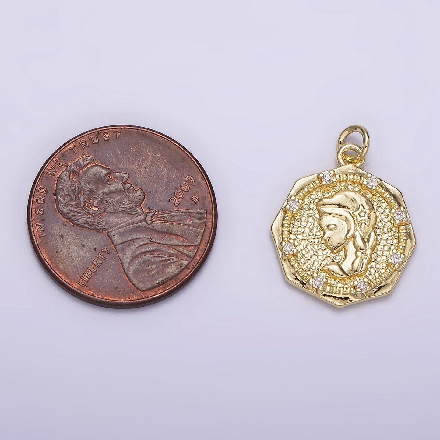 14k gold filled braided girl princess mermaid lady portrait cameo cz hammered octagonal charm | ag184