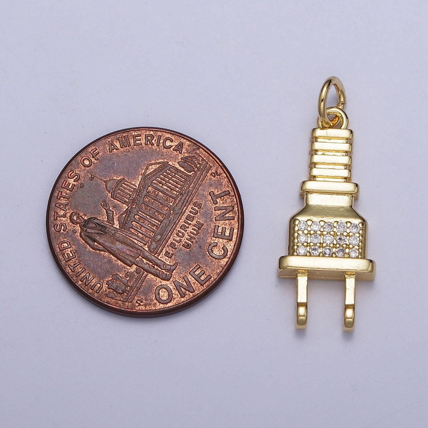 Micro cz paved power cord plug pendant, gold silver micro pave cubic zirconia cz stone electricity plug charm | ag131, ag132