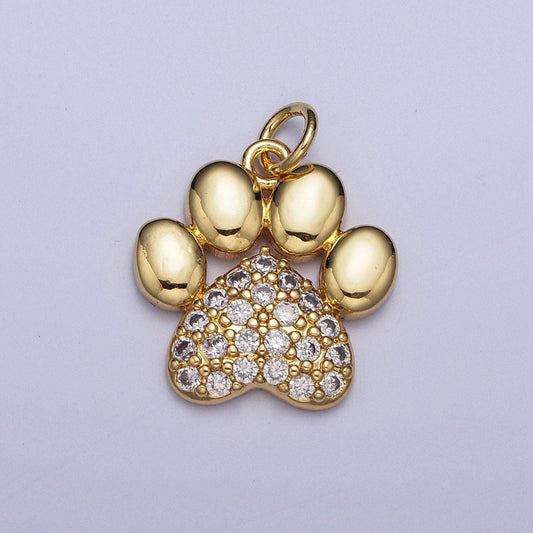 Pet paw print pendant, 24k gold plated dog cat bear animal paw prints with clear micro cz pave charm, cute pet animal paw print | ag116