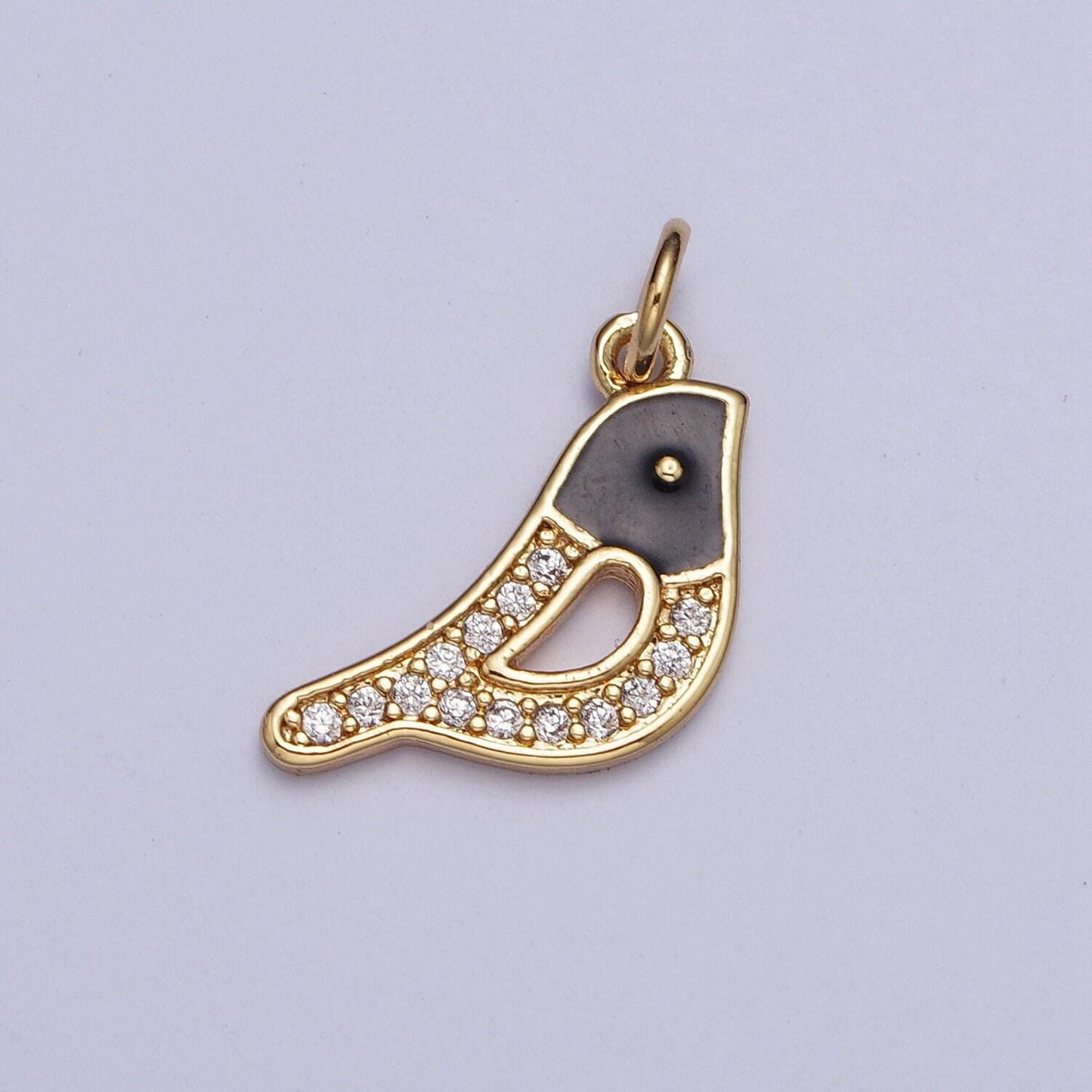 Dainty gold bird pendant, 24k gold plated sparrow warbler finches charm, clear micro pave cz black enamel animal pendant | ag115