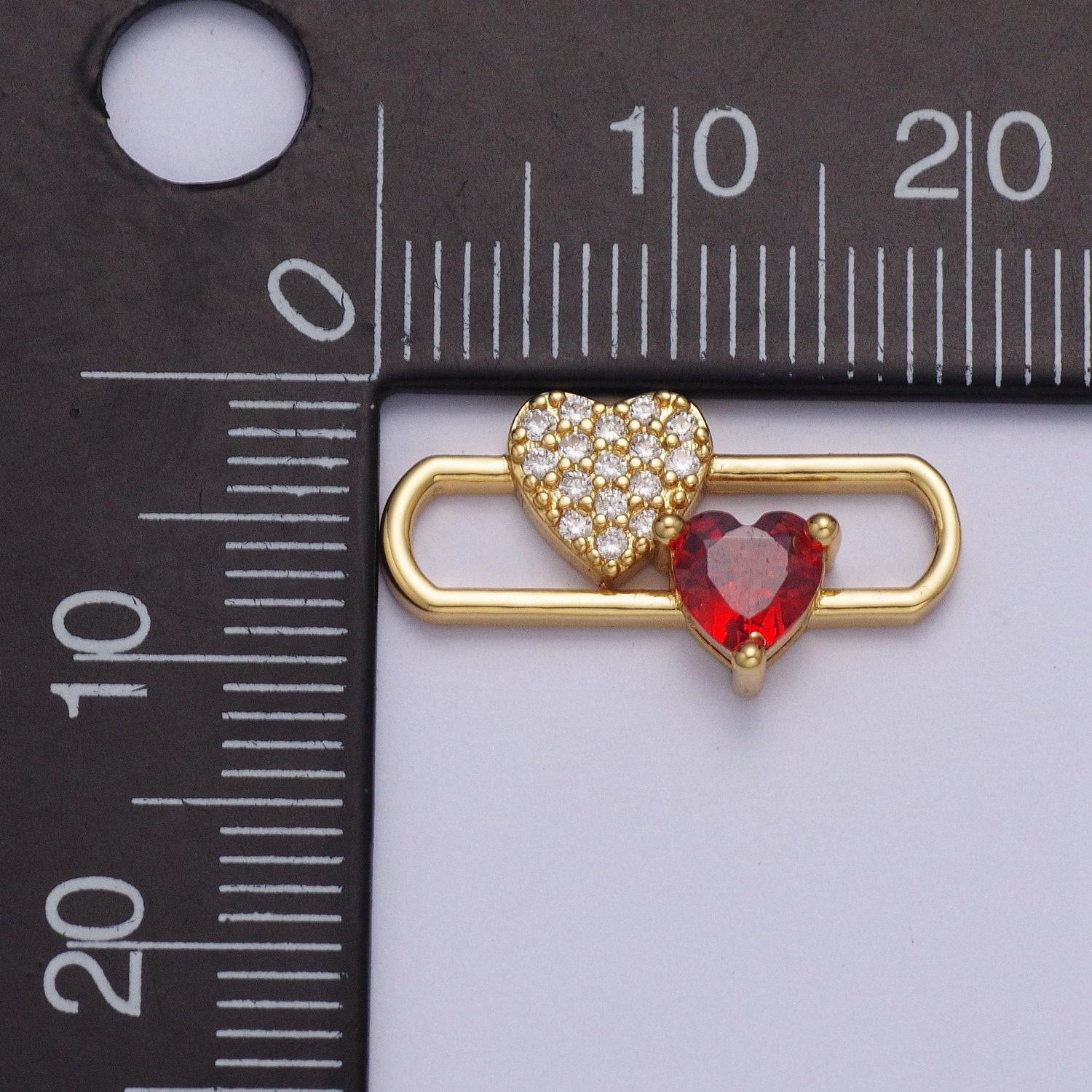 24k gold filled heart love pin charm, clear micro pave quartz red cubic zirconia love heart for jewelry making | ag110