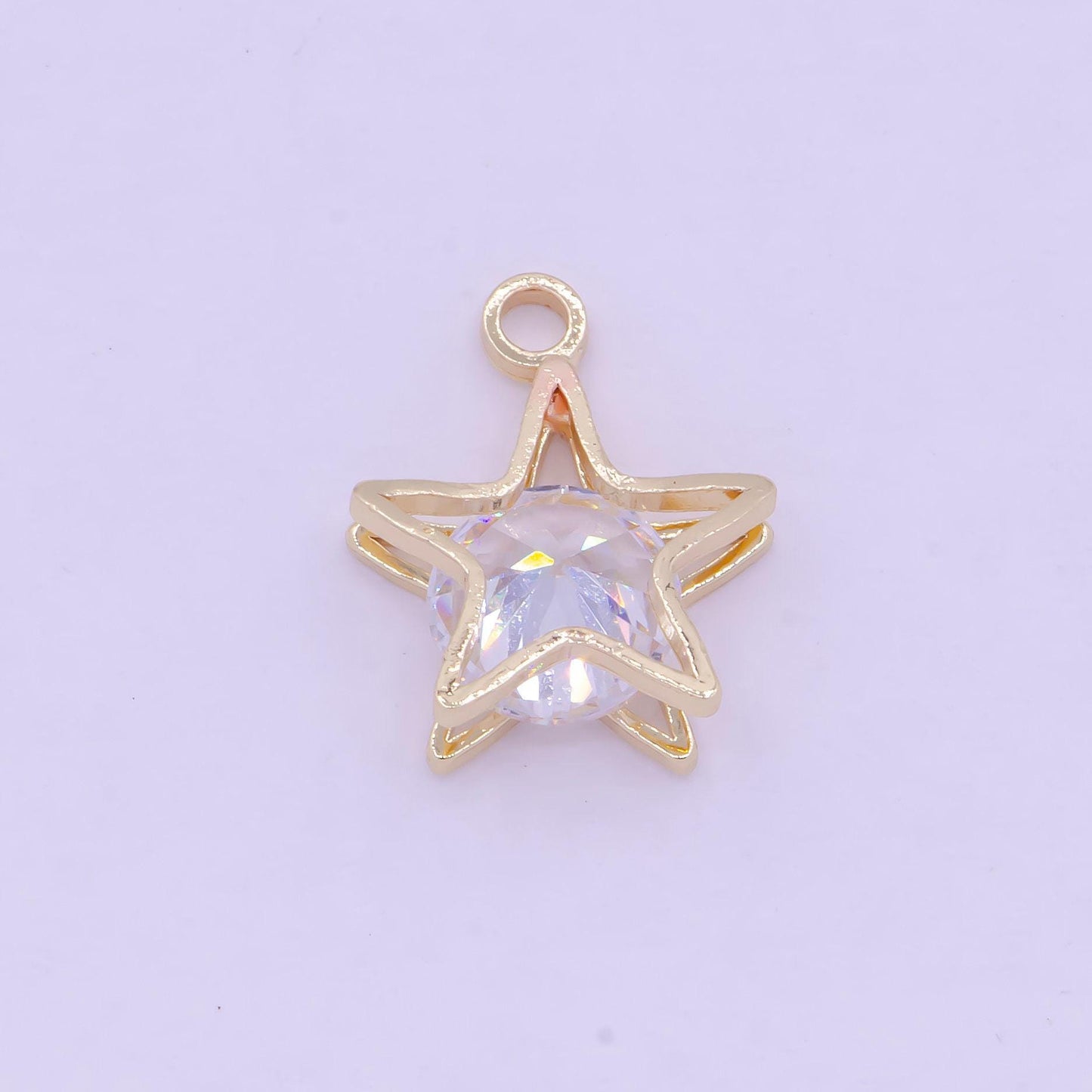 Dainty gold star w. clear round cz stone center pendant, 24k gold plated micro paved clear cz double sandwich stacked star charm | ag-085