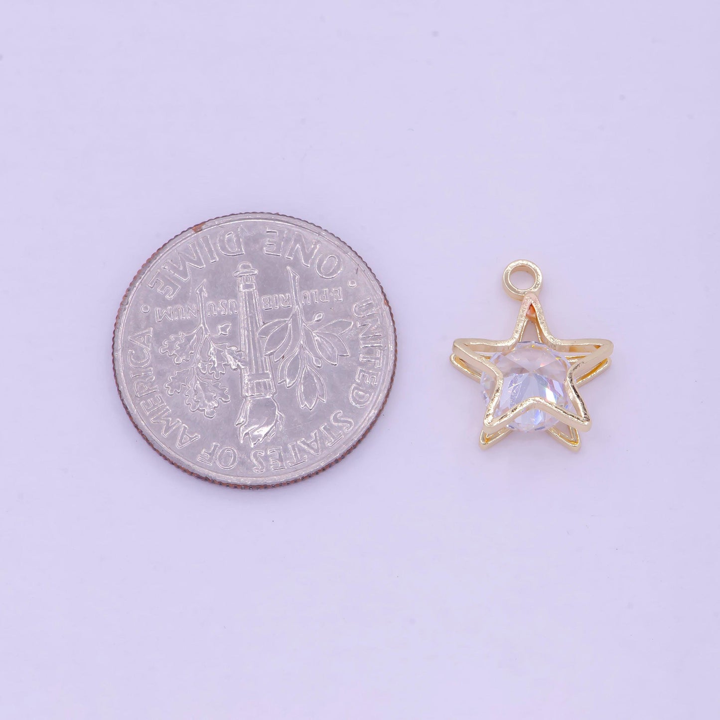 Dainty gold star w. clear round cz stone center pendant, 24k gold plated micro paved clear cz double sandwich stacked star charm | ag-085