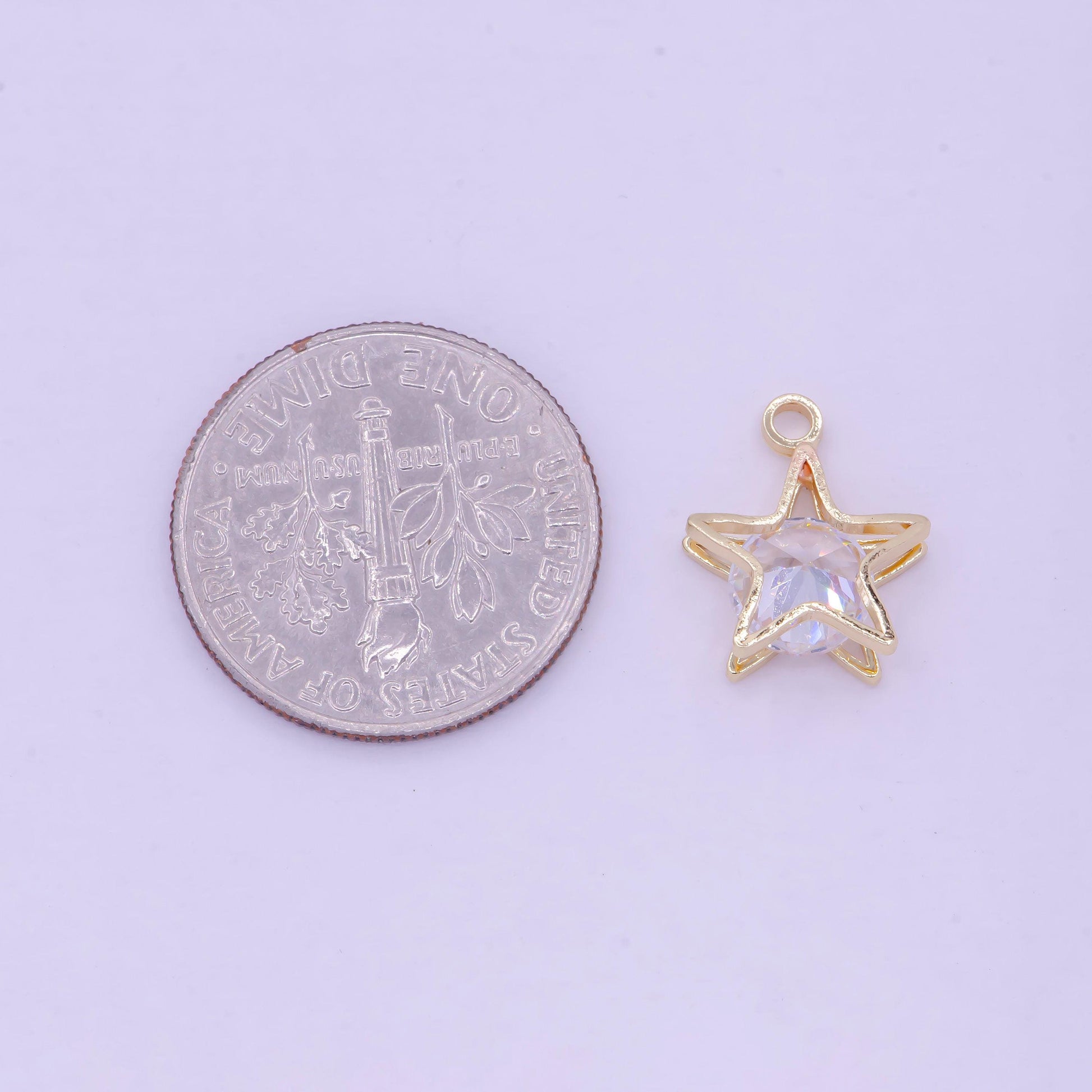 Dainty gold star w. clear round cz stone center pendant, 24k gold plated micro paved clear cz double sandwich stacked star charm | ag-085