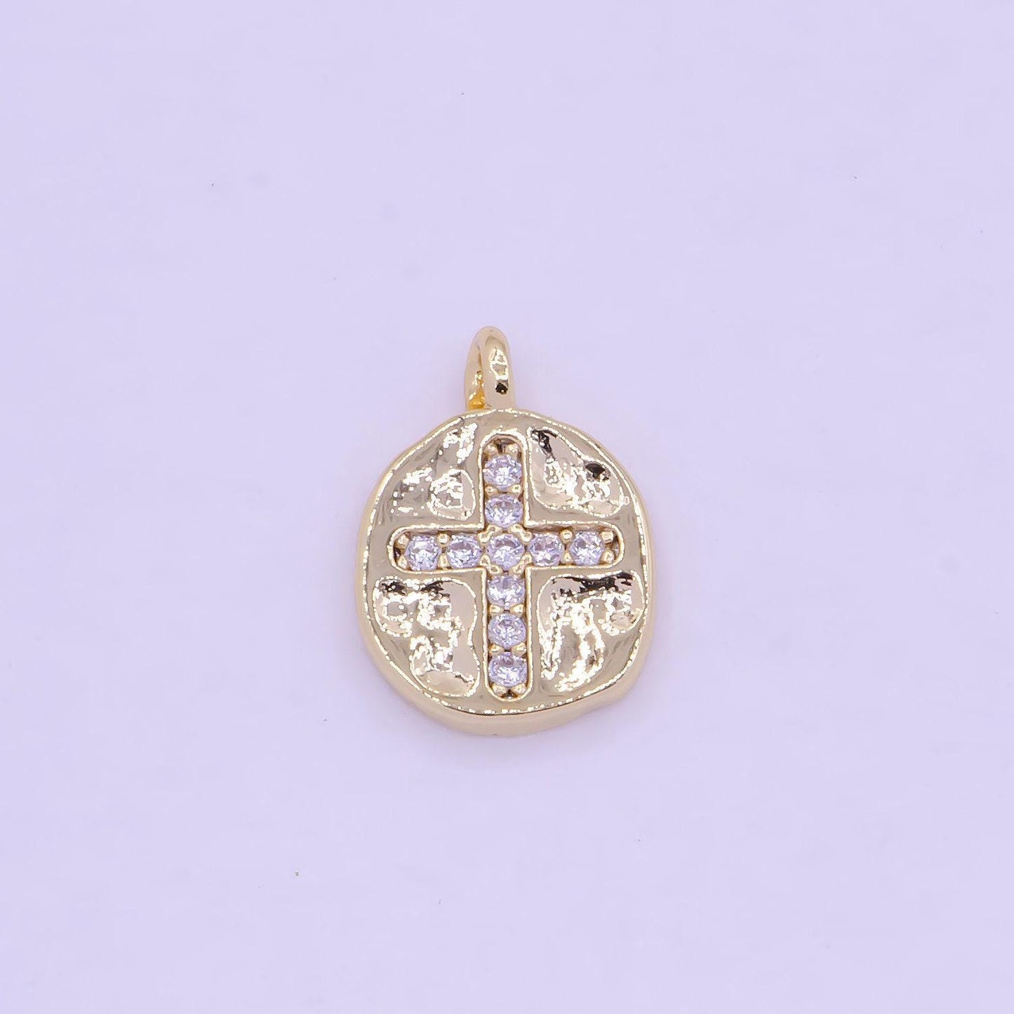 Mini gold cross coin charm, 16k gold plated clear micro paved cz cross medallion pendant | ag-078