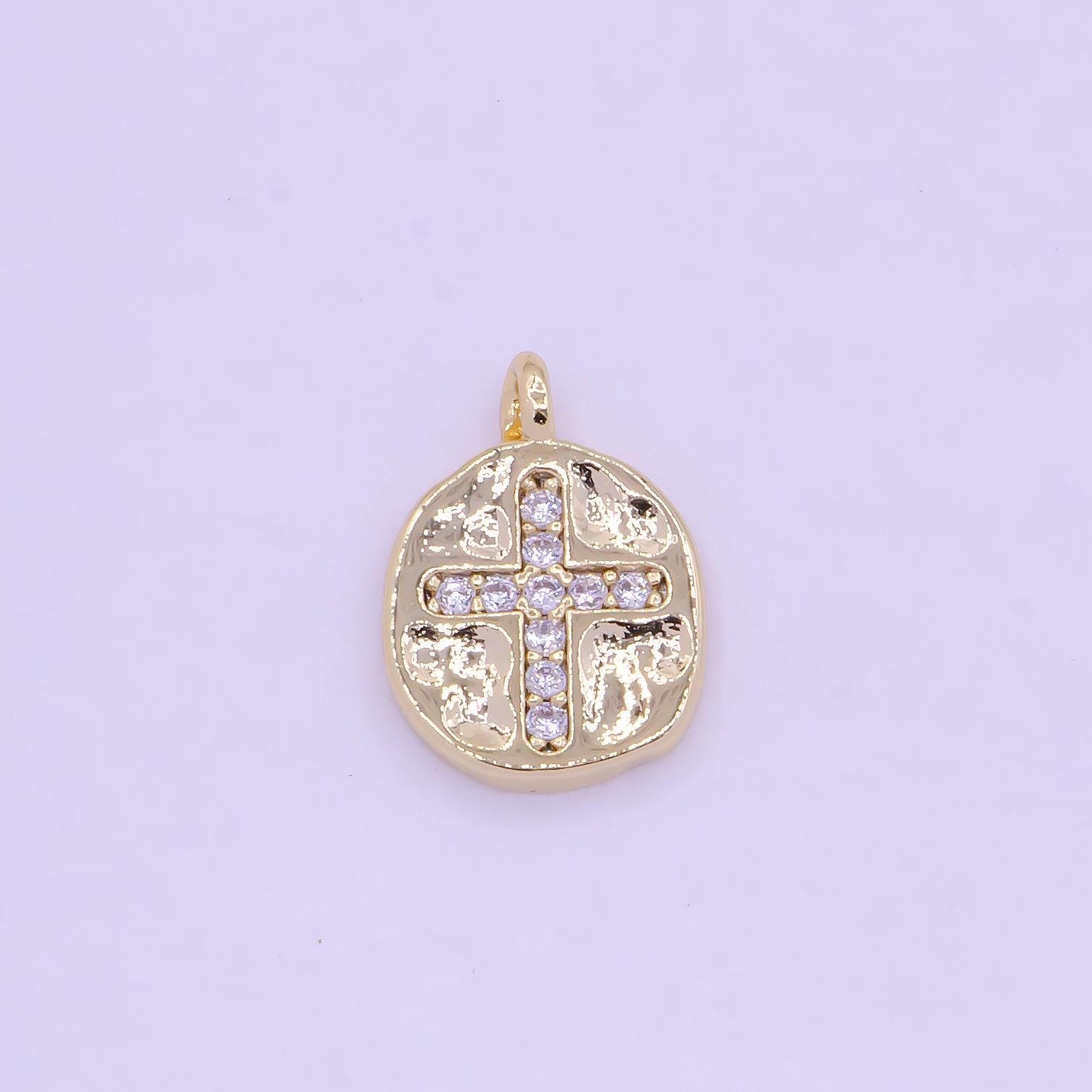 Mini gold cross coin charm, 16k gold plated clear micro paved cz cross medallion pendant | ag-078