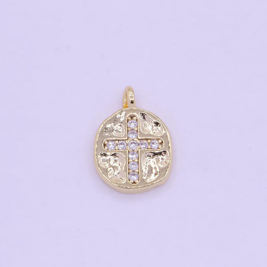 Mini gold cross coin charm, 16k gold plated clear micro paved cz cross medallion pendant | ag-078
