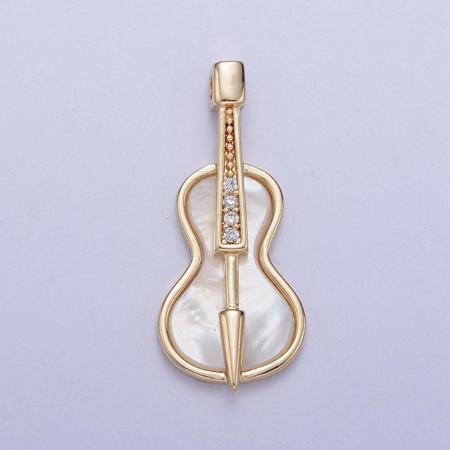 14k gold plated dainty instrument guitar pendant on pearl, micro cz pave cream pearl guitar charm | ag-076