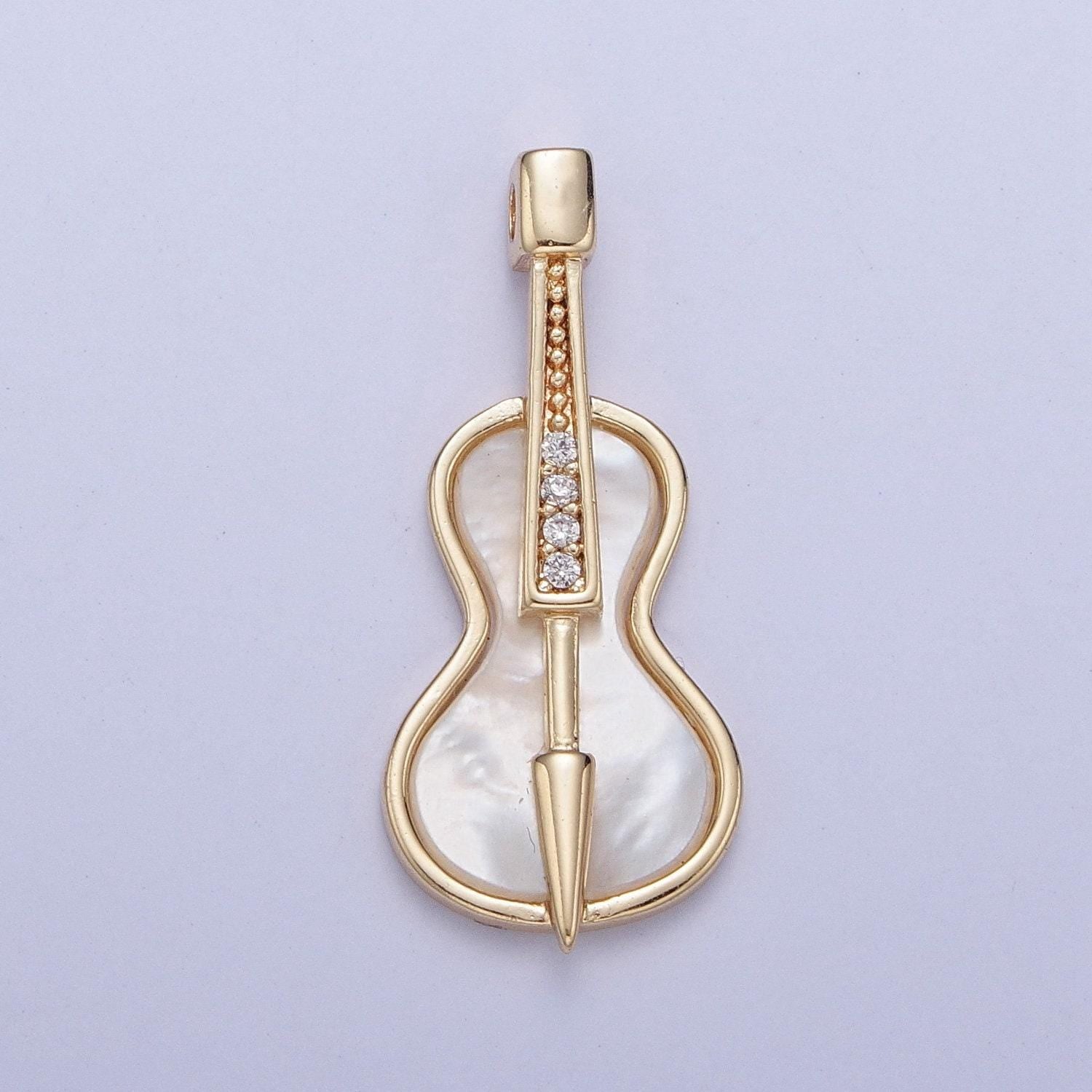 14k gold plated dainty instrument guitar pendant on pearl, micro cz pave cream pearl guitar charm | ag-076