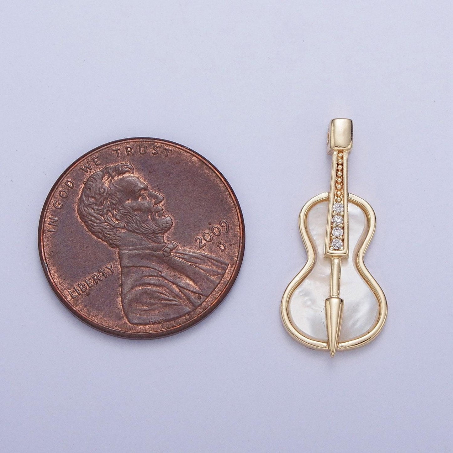 14k gold plated dainty instrument guitar pendant on pearl, micro cz pave cream pearl guitar charm | ag-076