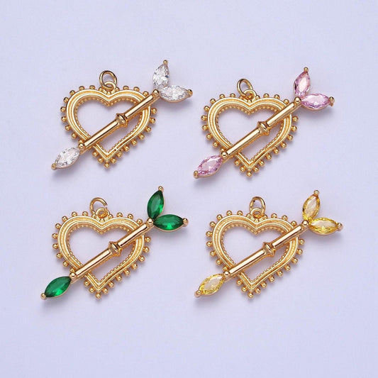 Cz cupid arrow across beaded heart pendant, colored cz crystal stones love arrow charm, valentine's day anniversary gift ideas