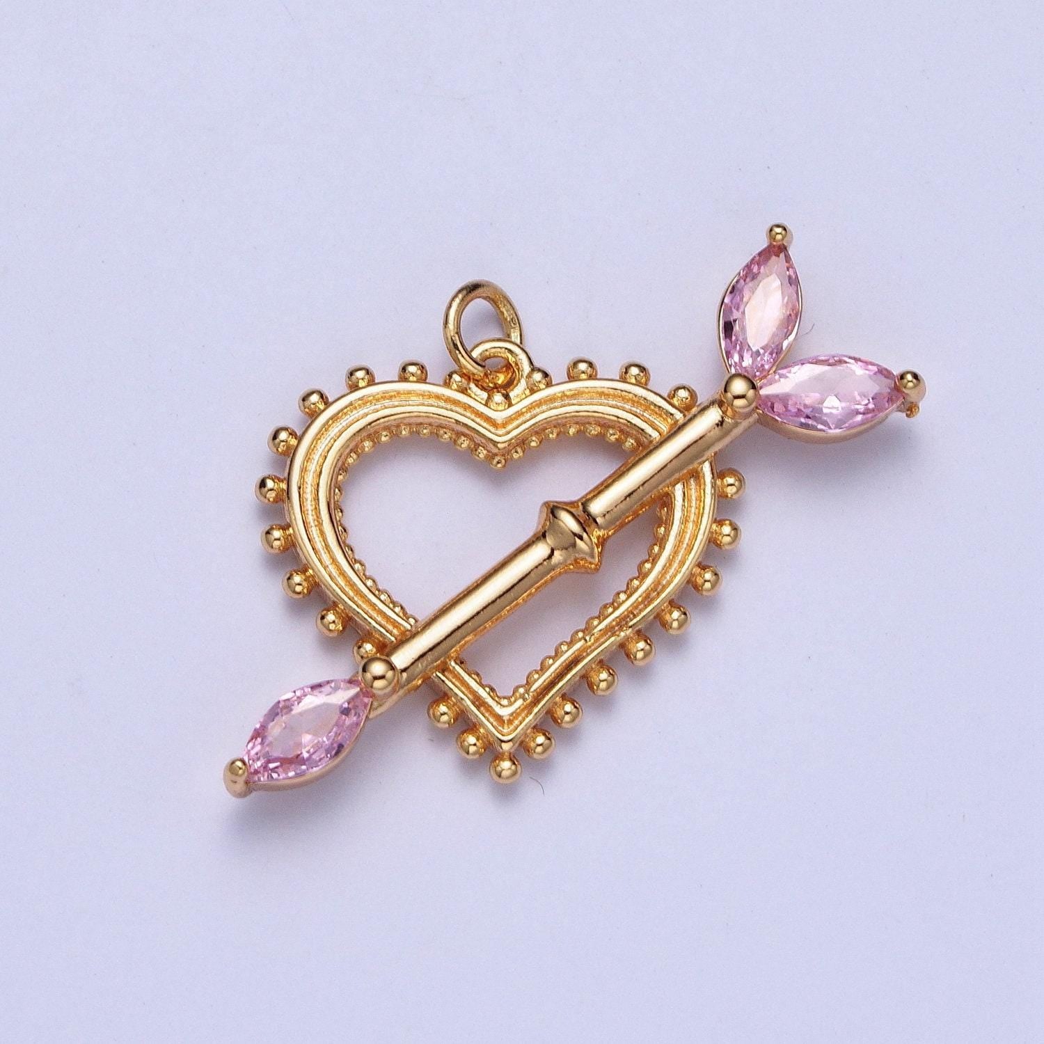 Cz cupid arrow across beaded heart pendant, colored cz crystal stones love arrow charm, valentine's day anniversary gift ideas