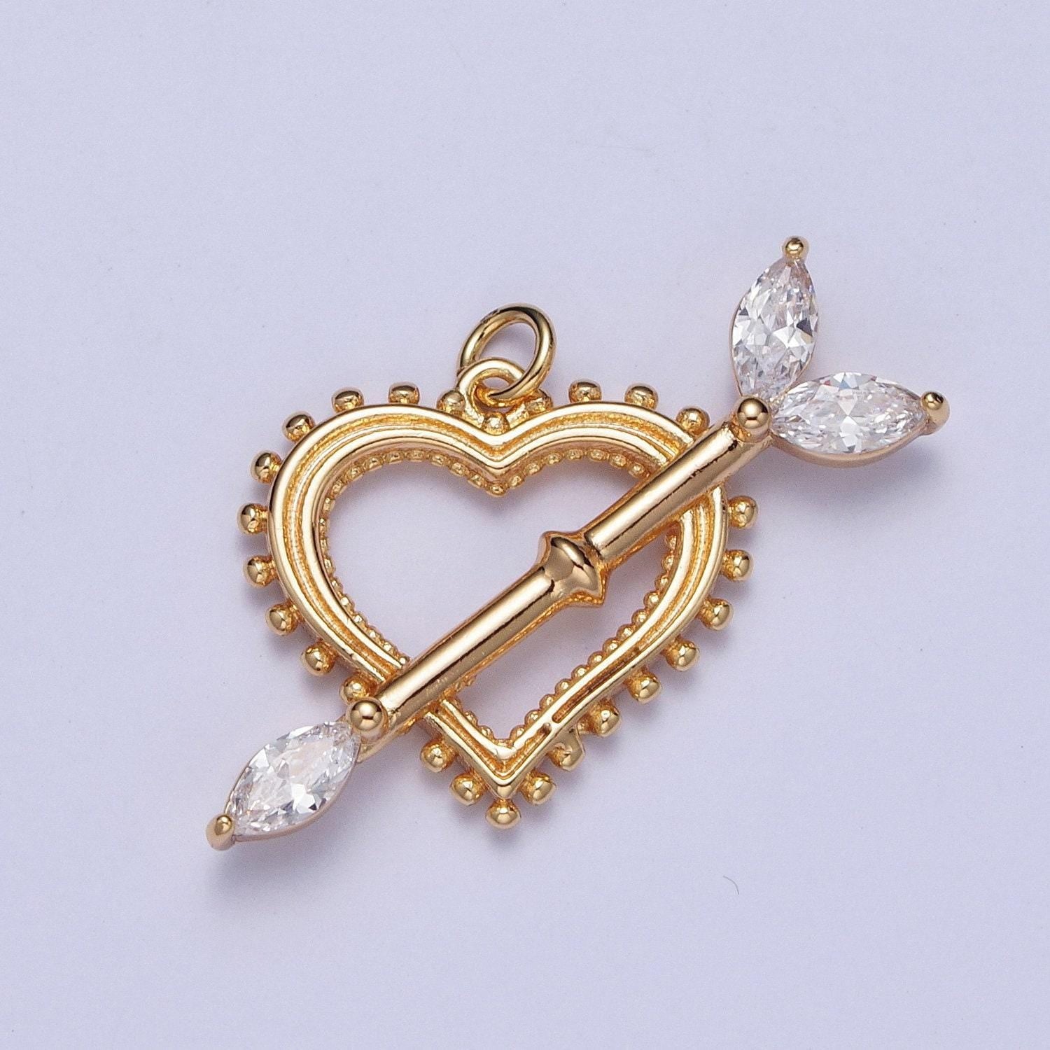 Cz cupid arrow across beaded heart pendant, colored cz crystal stones love arrow charm, valentine's day anniversary gift ideas