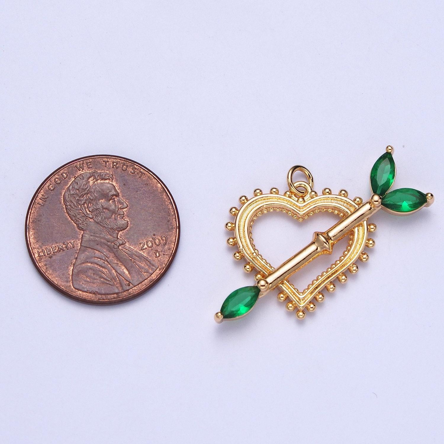 Cz cupid arrow across beaded heart pendant, colored cz crystal stones love arrow charm, valentine's day anniversary gift ideas