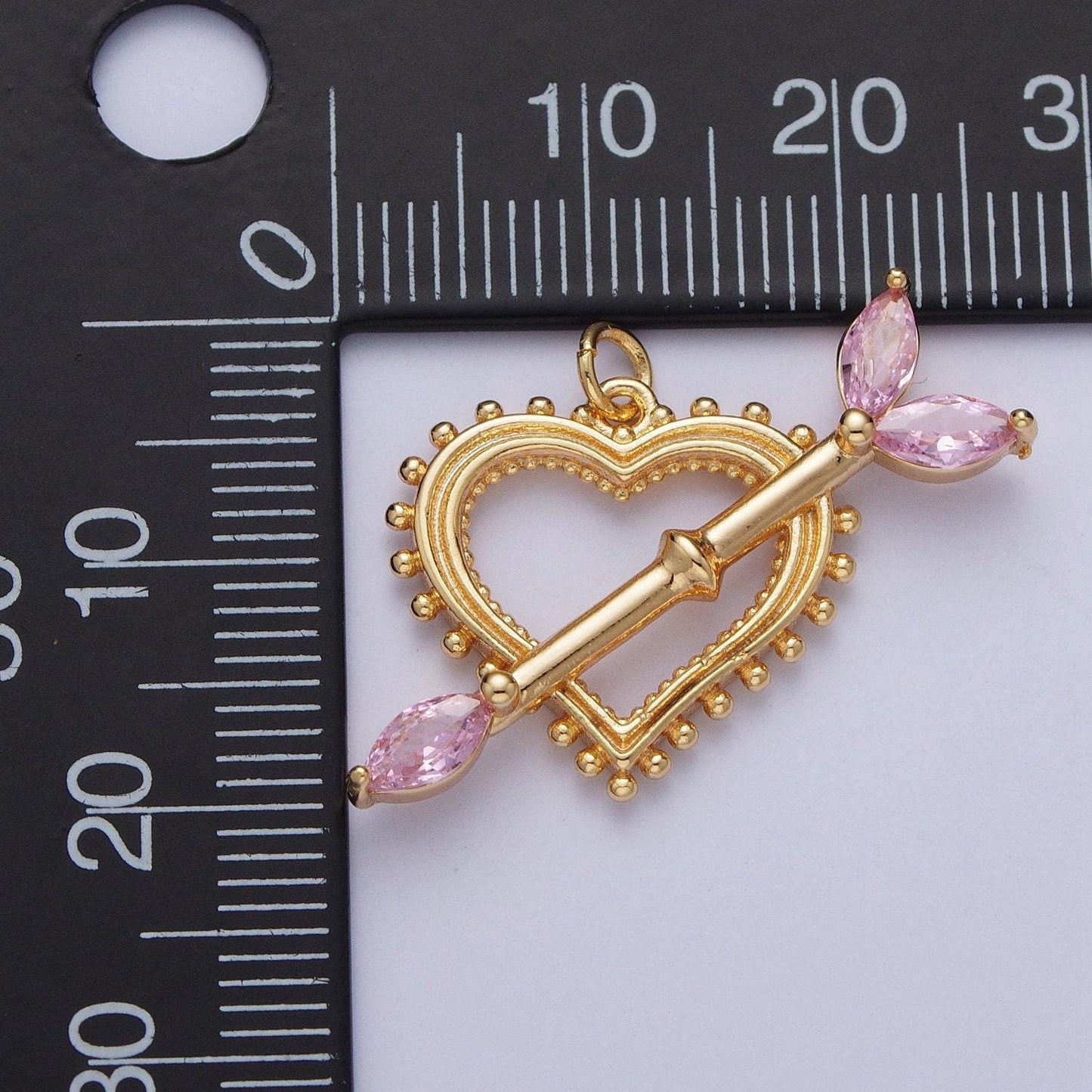 Cz cupid arrow across beaded heart pendant, colored cz crystal stones love arrow charm, valentine's day anniversary gift ideas