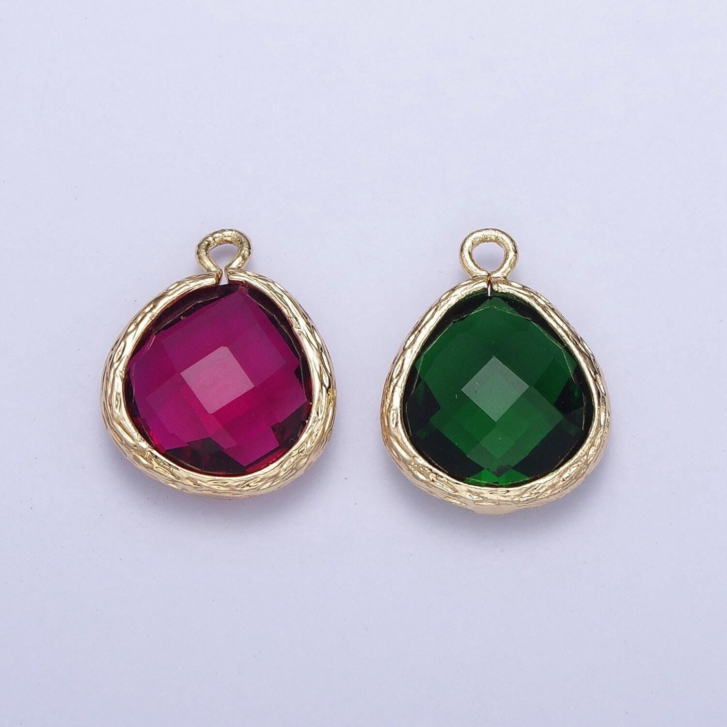 14k gold plated teardrop emerald green fuchsia charm, teardrop cut clear pendant, gold charm for bracelet necklace jewelry | ag001, ag002