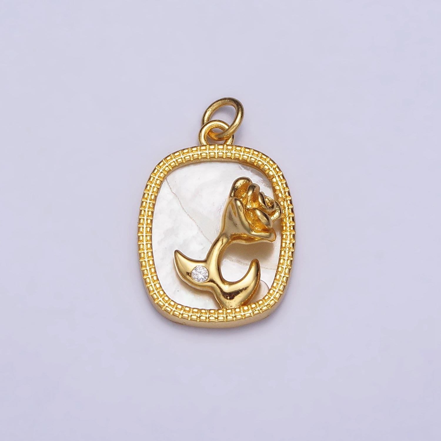 Dainty 24k gold filled rose flower cz shell pearl square pendant gold tag pearl charm with jump ring | ac1053