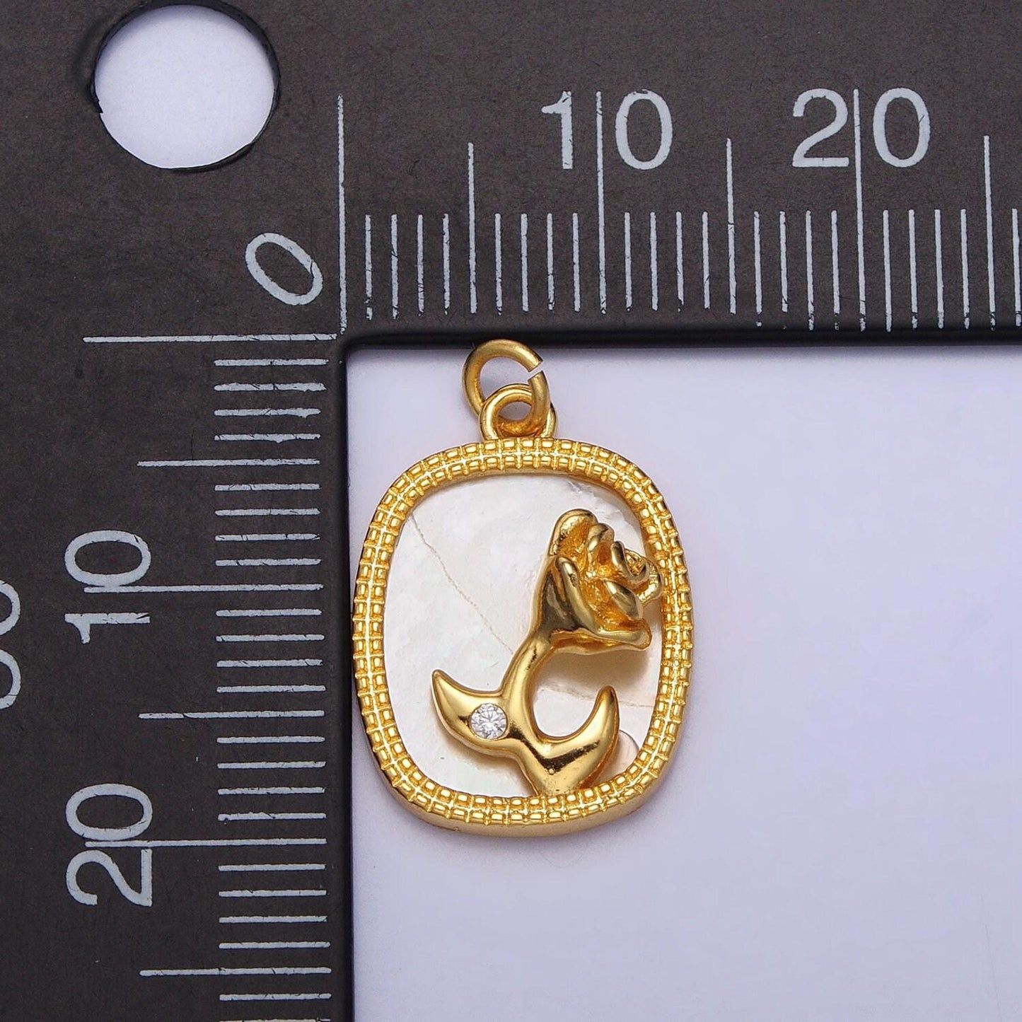 Dainty 24k gold filled rose flower cz shell pearl square pendant gold tag pearl charm with jump ring | ac1053