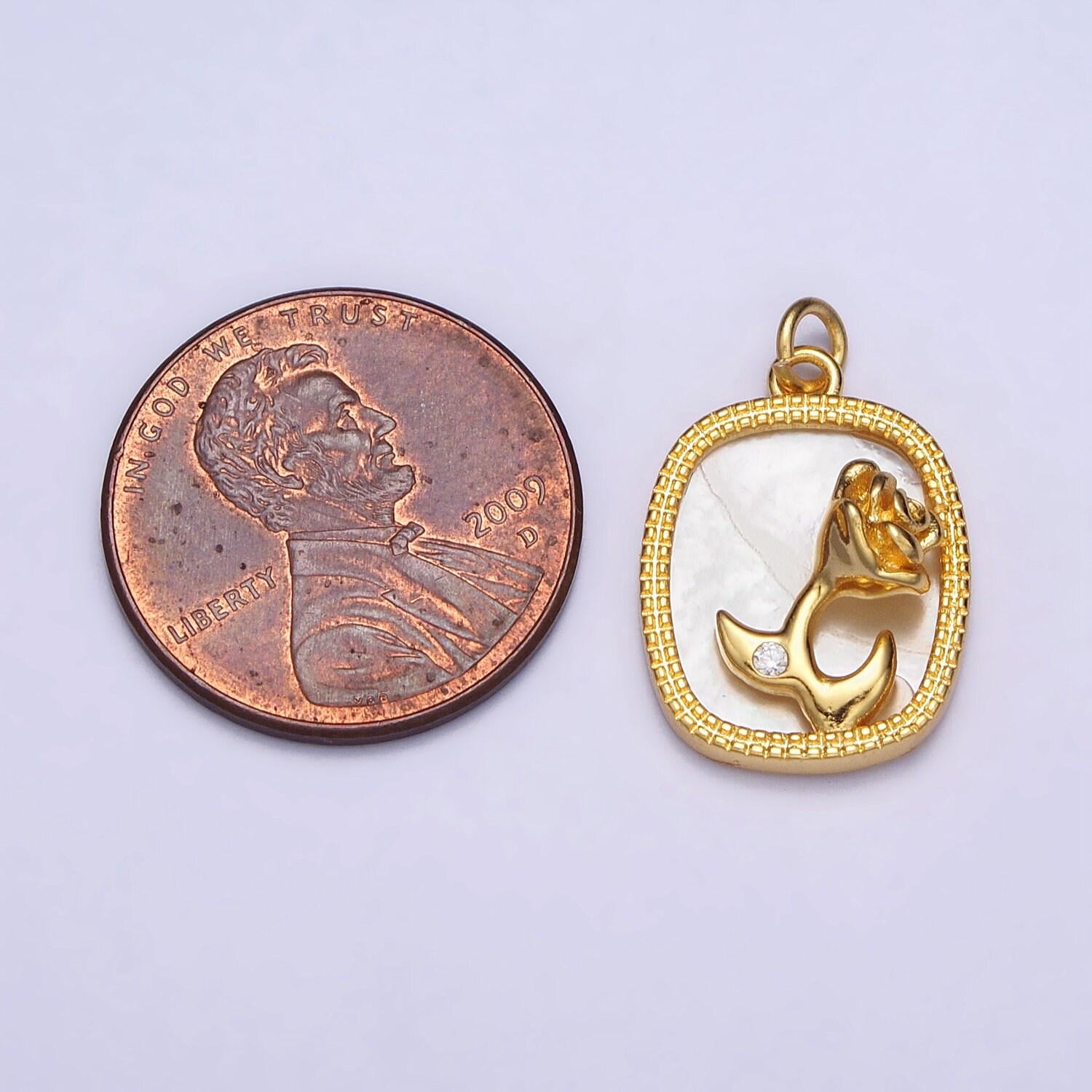 Dainty 24k gold filled rose flower cz shell pearl square pendant gold tag pearl charm with jump ring | ac1053
